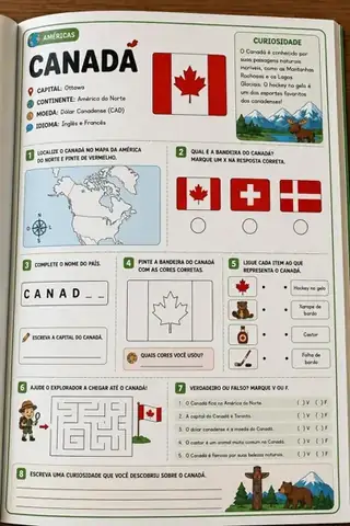 Atividade sobre o Canadá com bandeira, mapa e curiosidades