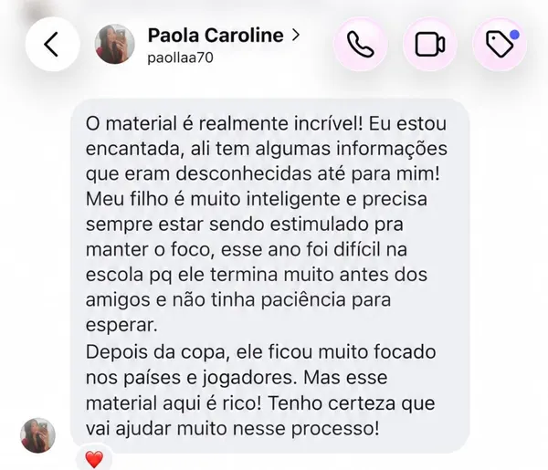 Depoimento real de @paollaa70 no Instagram: O material é realmente incrível! Eu estou encantada. Esse material aqui é rico! Tenho certeza que vai ajudar muito