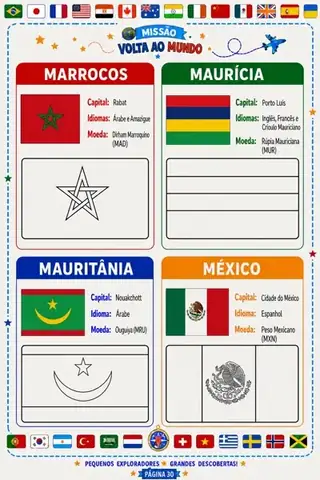 Fichas de países com bandeiras para colorir