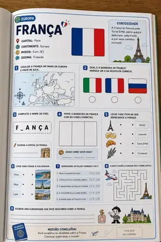 Atividade sobre a França com bandeira, mapa da Europa e missões