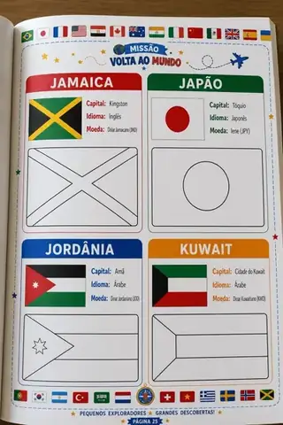 Fichas de Jamaica, Japão, Jordânia e Kuwait: capital, idioma, moeda e bandeira para colorir