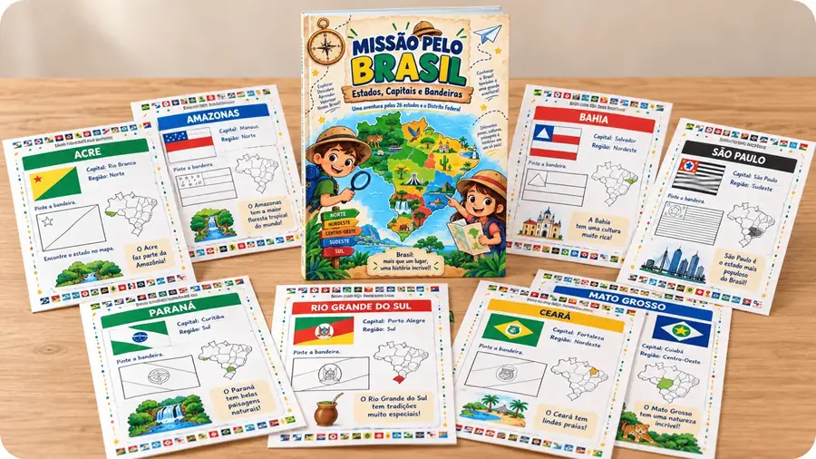 Livro Missão pelo Brasil: Estados, Capitais e Bandeiras, com páginas de Acre, Amazonas, Bahia, São Paulo, Paraná, Rio Grande do Sul, Ceará e Mato Grosso