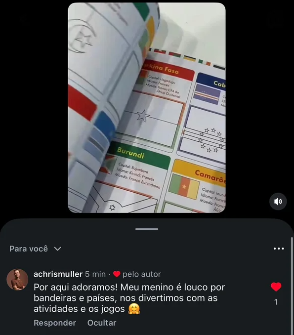 Depoimento real de @achrismuller no Instagram: Por aqui adoramos! Meu menino é louco por bandeiras e países, nos divertimos com as atividades e os jogos