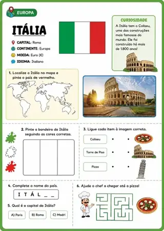 Atividade sobre a Itália com bandeira, mapa, curiosidade e desafios